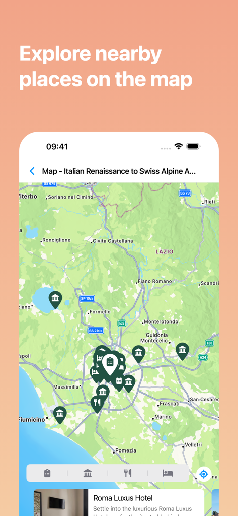 Eine interaktive Karte in der TravelBuddy AI App, die Sehenswürdigkeiten, Restaurants und Hotels für eine Reise nach Rom anzeigt