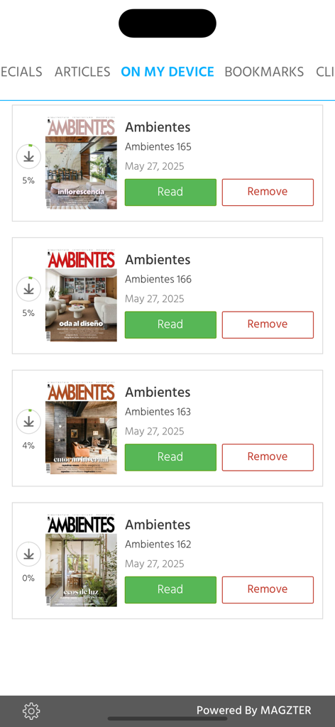 Ambientes - La interfaz de la aplicación Ambientes que muestra una lista de números de revistas de arquitectura y diseño de interiores descargados listos para leer.