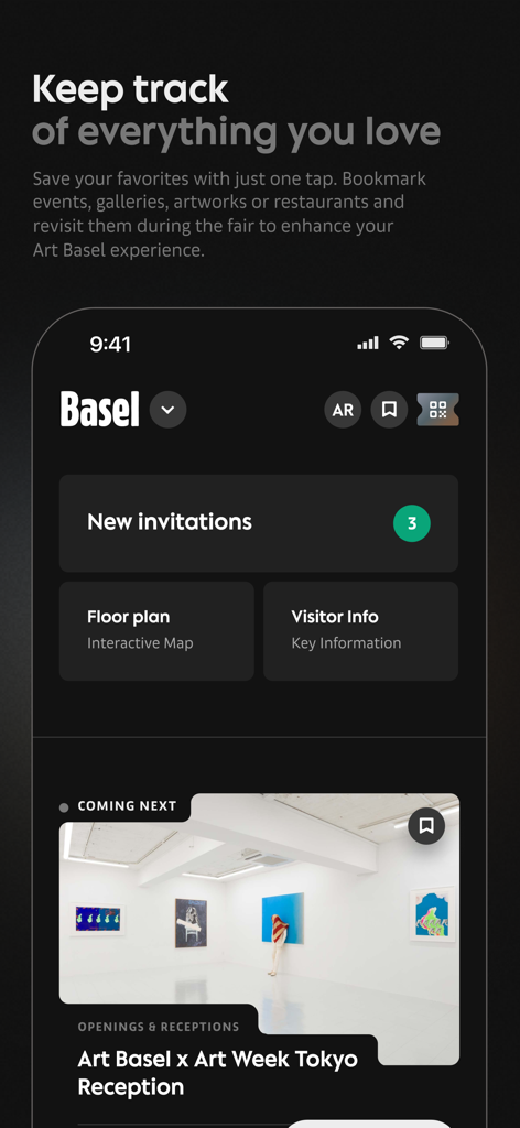 A interface da aplicação Art Basel que mostra convites pessoais, um mapa interativo e eventos de galerias marcados.
