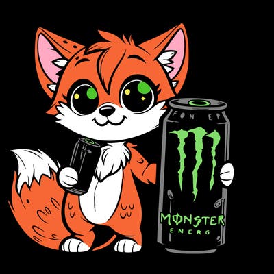 a cute fox holding monster energy drink