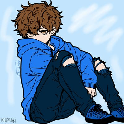 a male hoddie ripped jeans messy hair anime