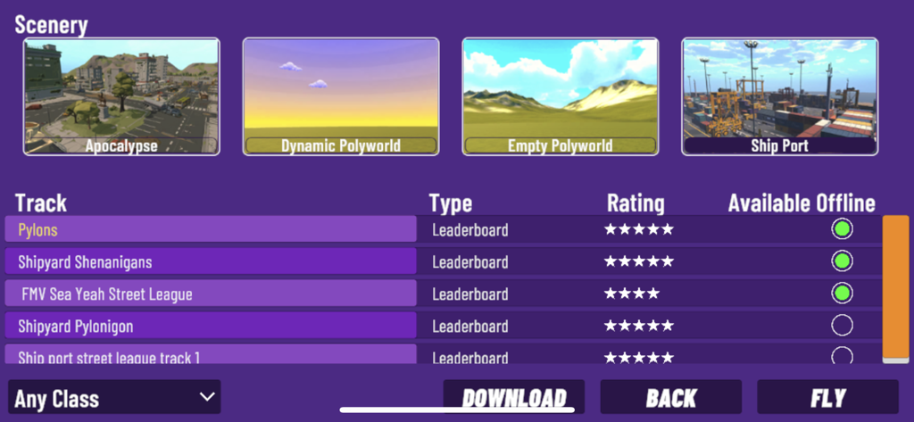 VelociDrone track and scenery selection screen showing various racing environments and leaderboard ratings