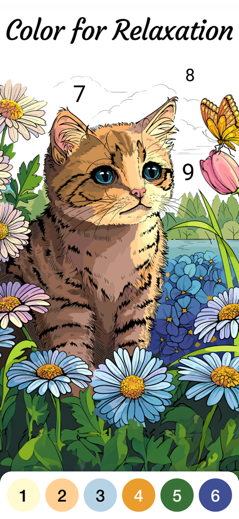 Zen Color - Color By Number - Zen Colorアプリの数字で塗り絵ページ。庭にいる猫の詳細なイラストが特徴です。