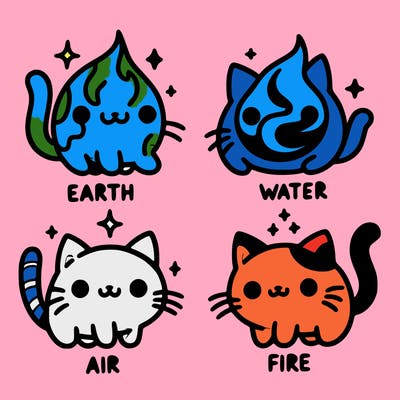 4 cats that represent the different elements, earth, water, air, and fire