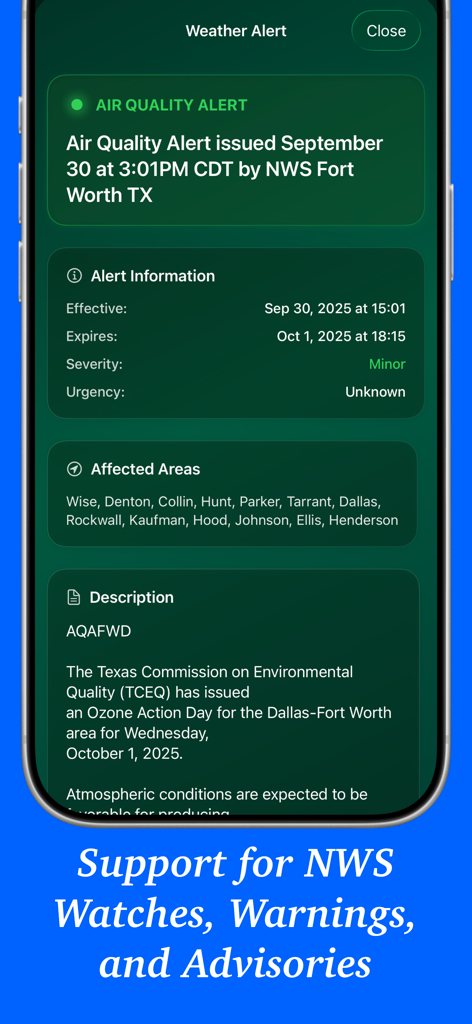 Aeravis Weather - Aplicación Aeravis Weather mostrando una alerta detallada de calidad del aire del Servicio Meteorológico Nacional para el área de Dallas Fort Worth.