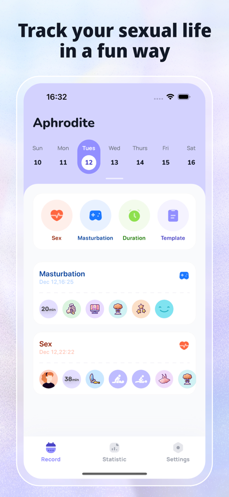 Aphrodite-Sex Tracker&Calendar - Aphroditeアプリのメイン画面。性的な活動ログと日々の記録オプションが表示されています。