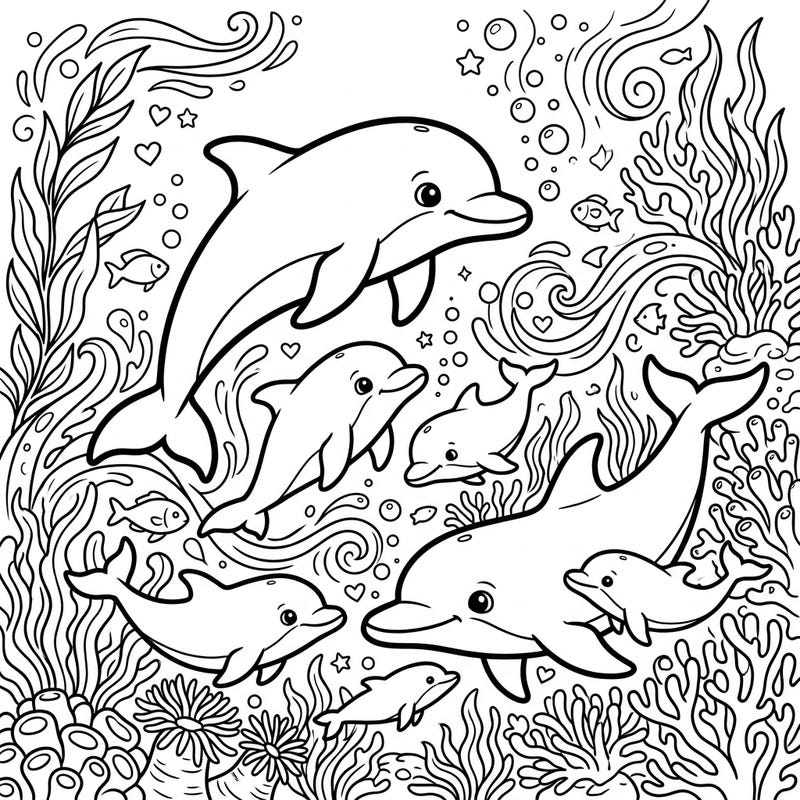 Explore the enchanting underwater world with this delightful coloring page featuring playful baby dolphins. Watch as these adorable calves swim alongside their mothers amidst a vibrant ocean full of life, ready for your creative touch.
