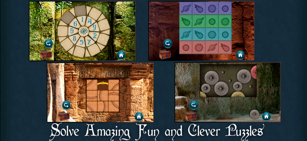 A collage showing four different logic and gear puzzles from the archaeological adventure game The Lost Fountain