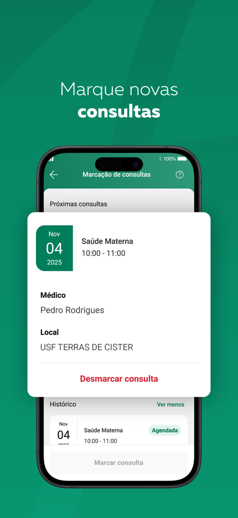 Interface of the SNS 24 app showing a scheduled maternal health appointment with doctor and location details