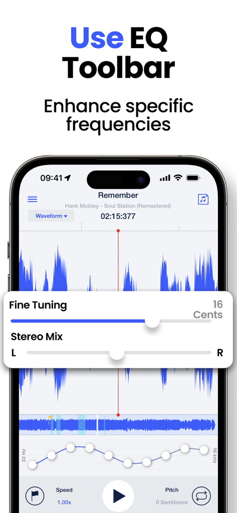 Speed Changer | Transcribe+ - Transcribe plus app interface displaying the EQ toolbar to enhance frequencies and fine tuning settings