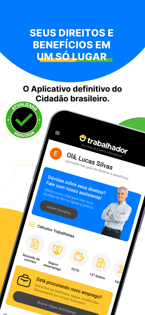 Screenshot of O Trabalhador app showing labor rights tools and job search