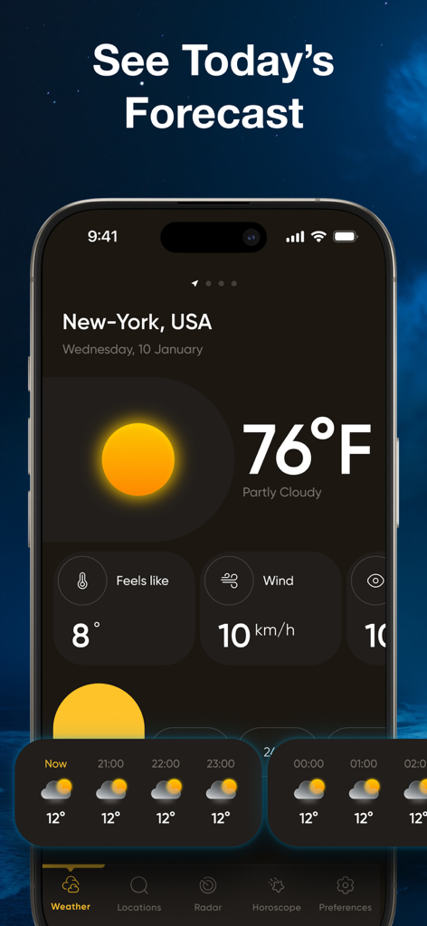 NOAA Weather Radar Forecast - iPhone画面が、ニューヨークの今日の天気予報を表示し、暗いテーマのユーザーインターフェースで76度、曇りがちの条件を示している
