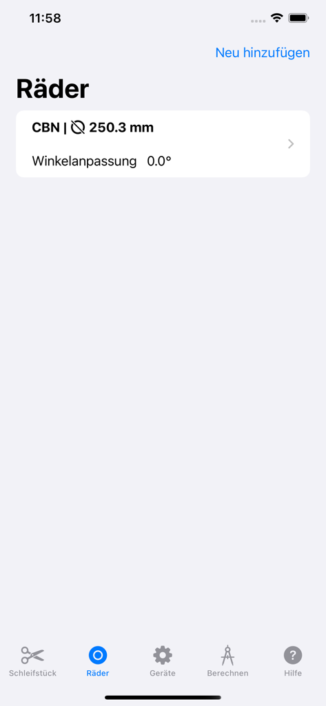 Grindcalculator - Grindcalculator App-Oberfläche, die die Liste der Schleifscheiben mit einer CBN-Scheibeneinstellung anzeigt