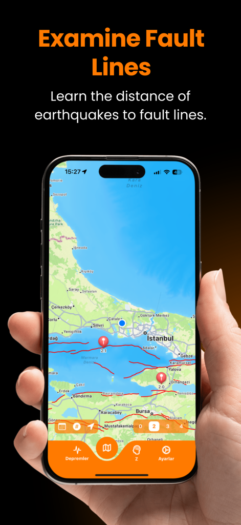 A mobile app screen showing active fault lines on a map to track earthquake distance.