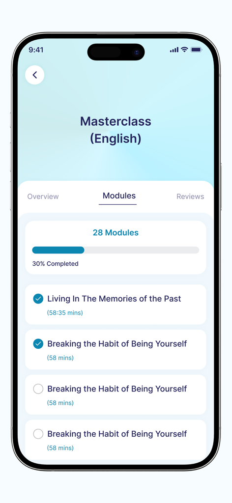 SOUL LAB - Interface of the SOUL LAB app showing the Masterclass modules list and a 30 percent completion progress bar.