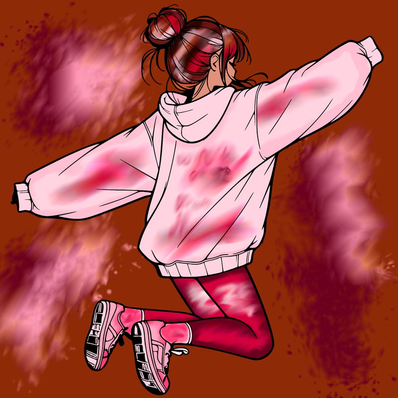 realistic girl jumping with a bun and oversized sweatshirt