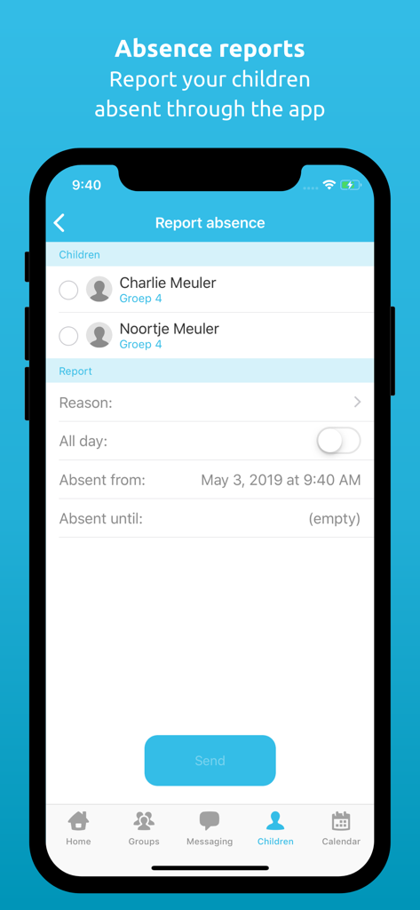 Social Schools - Interface of the Social Schools app showing the form to report a child's absence from school