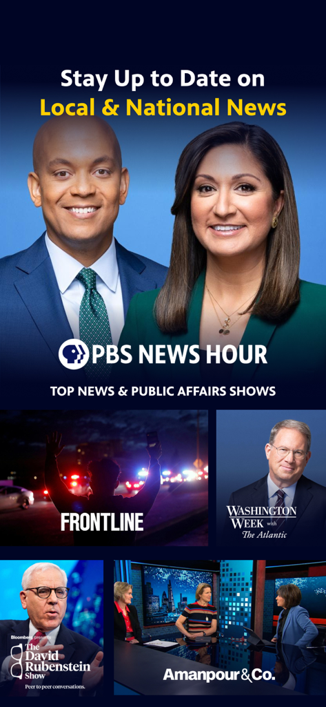 A collection of PBS news and public affairs shows including PBS NewsHour and Frontline