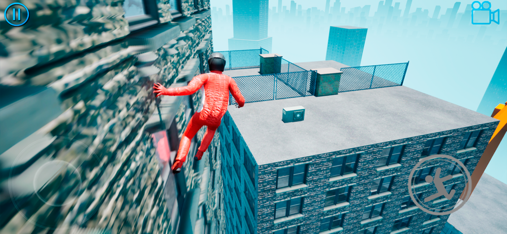 Rooftops Parkour Freerun - Eine Figur in einem roten Anzug, die im Rooftops Parkour Freerun Spiel einen Wandlauf an einem Wolkenkratzer ausführt