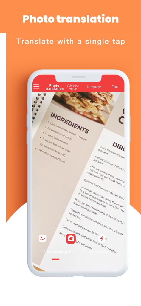 Captura de pantalla de iPhone de la aplicación Photo Translation que muestra la función de traducción instantánea de un documento de receta.