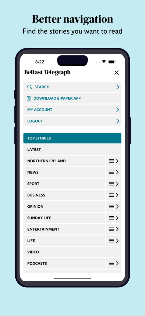 Navigation menu of the Belfast Telegraph News app displaying various news categories