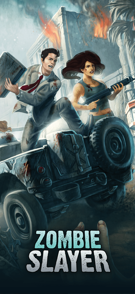 Zombie Slayer: Apocalypse Game - Artwork for Zombie Slayer showing survivors with weapons on a vehicle in a burning city