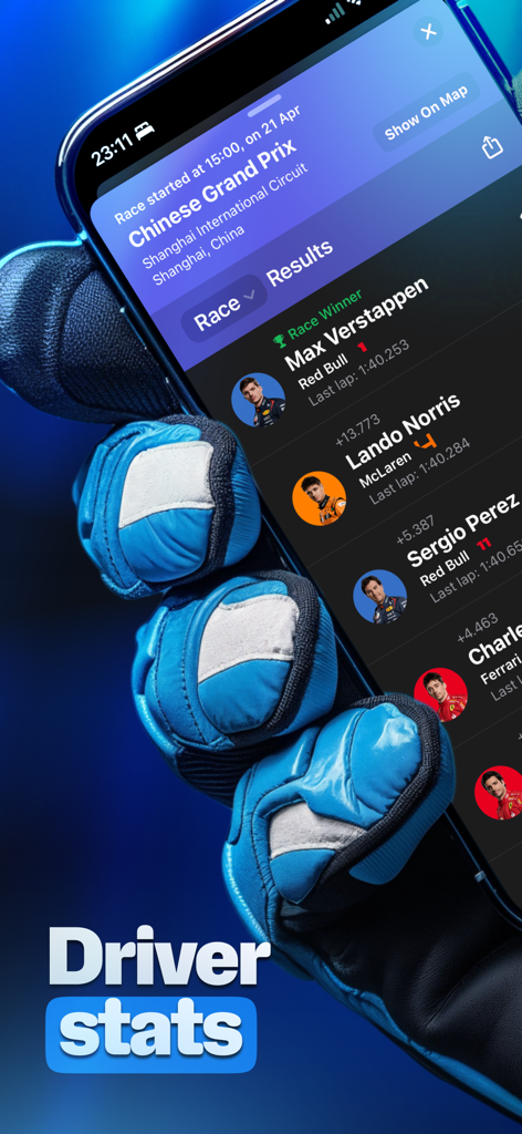 Race Widgets for F1 - A mobile phone screen displaying F1 race results and driver statistics for the Chinese Grand Prix.