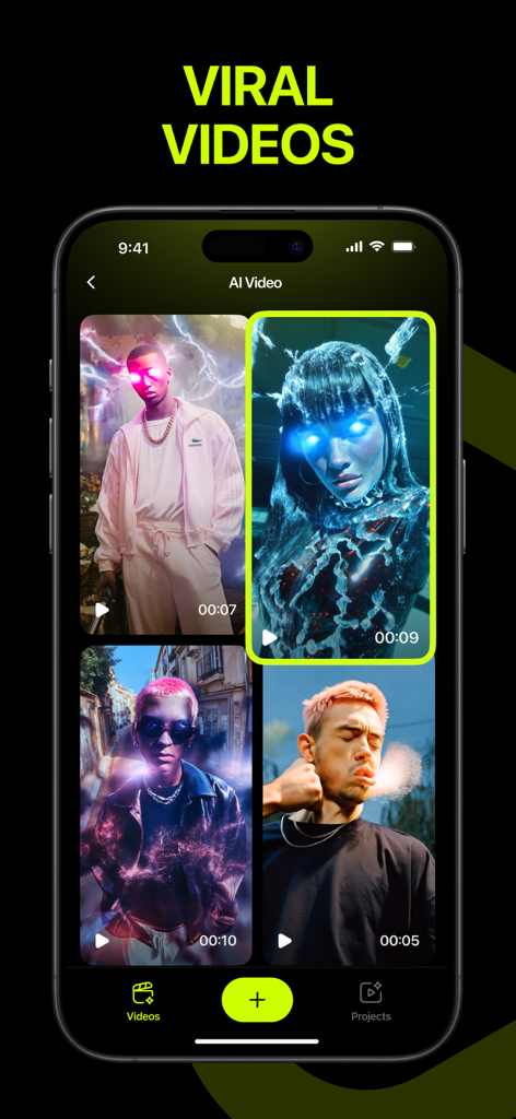 HG - AI Video Generator - Die Benutzeroberfläche der mobilen App zeigt eine Auswahl viraler KI-generierter Videos mit filmreifen visuellen Effekten