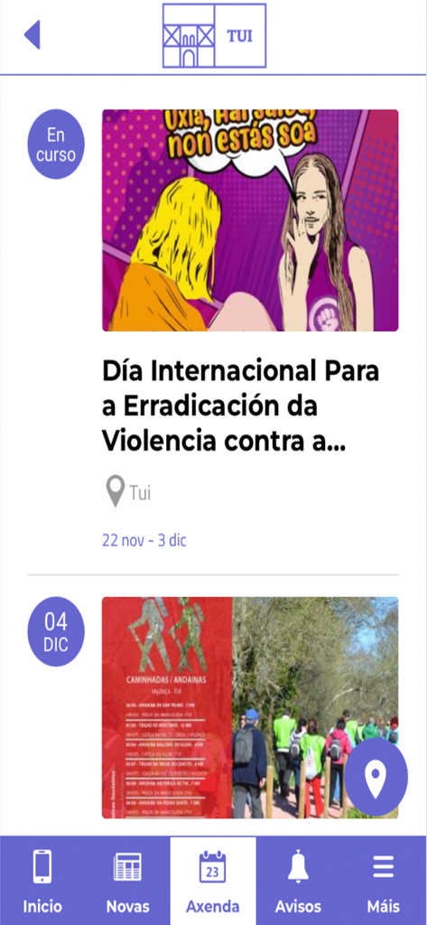 Tui - Schermata dell'agenda eventi dell'app ufficiale di Tui che mostra attività culturali locali ed eventi di escursionismo comunitario.