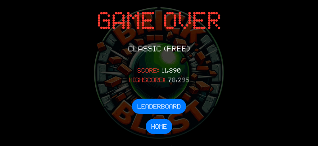 Brick Blast game over screen showing score highscore and leaderboard button