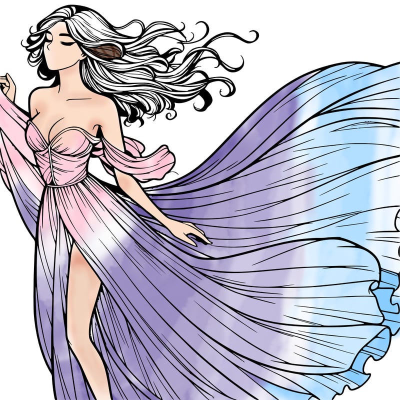 realistic woman in dress flowing the the wind