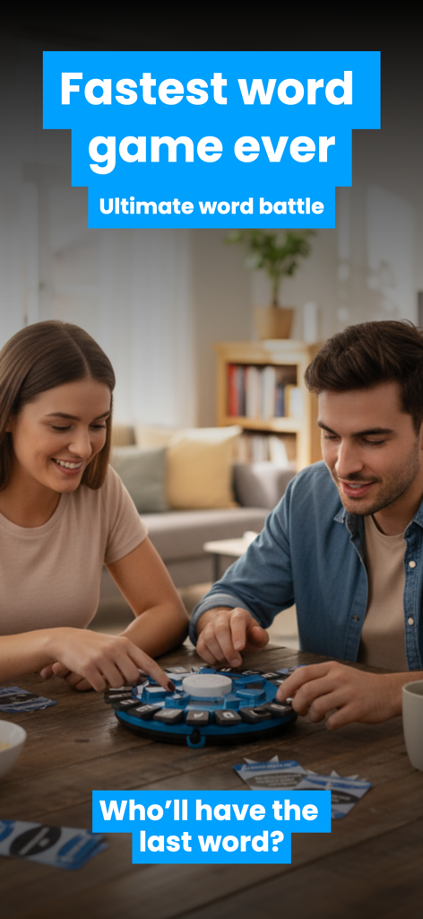 Tap Words Game - A young man and woman competing in a fast paced word battle game