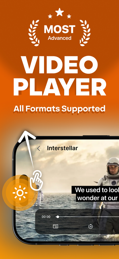 Video Media Player ・All Format - iPhone에서 밝기 조절 제스처를 보여주는 고급 비디오 플레이어 앱 인터페이스