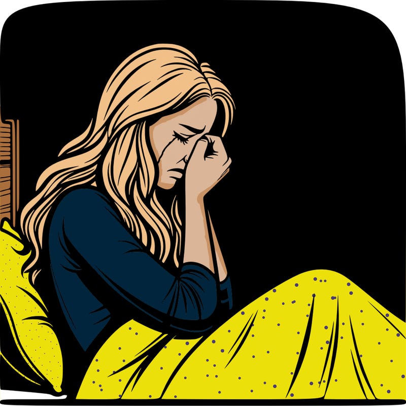 realistic woman crying in her bed in a dark room