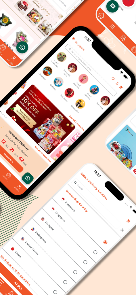 FlowerAdvisor - Flowers & Gift - FlowerAdvisor mobile app screens showing flower gift categories, christmas promotions, and international delivery country selection