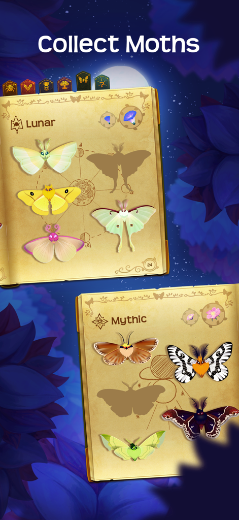 Flutter Starlight — Cozy Game - 「ルナ」や「神話」カテゴリーのページに収集された様々な蛾の種類が表示されている、Flutter Starlightのデジタルジャーナル