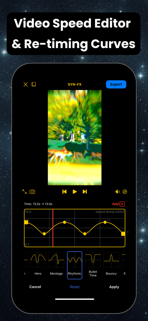 Syn-FX: Video Editor & Effects - Syn-FX mobile app interface featuring the video speed editor and re-timing curves tool