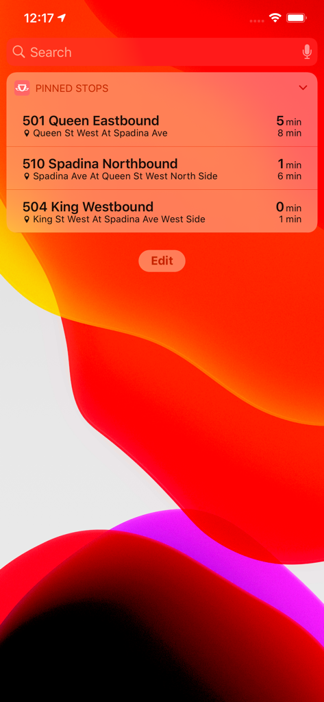 iOS widget for TTC Watch for Toronto showing real-time arrival times for pinned transit stops.