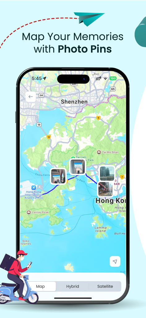 Track My Journey - Trip Logger - A mobile map interface showing a travel route between Shenzhen and Hong Kong with photo pins at key stops