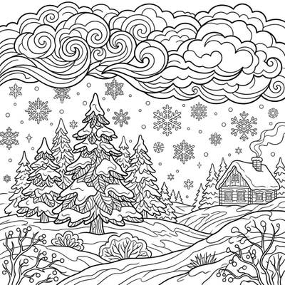 Immerse yourself in the beauty and drama of a winter storm with this intricate coloring page. Featuring a snug cabin amidst snow-covered pines and dramatic, swirling clouds, it promises a captivating creative escape.