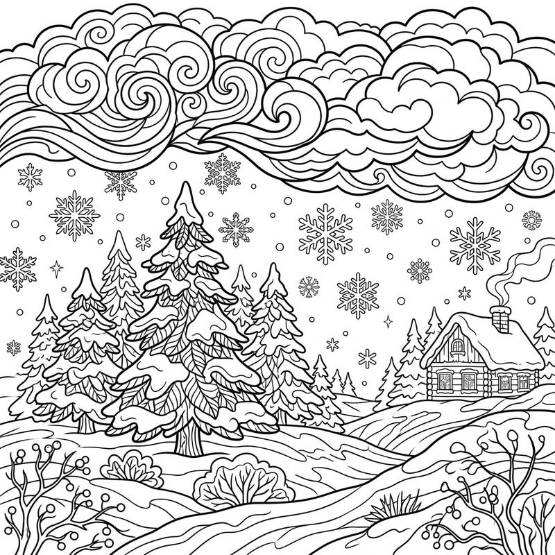 Immerse yourself in the beauty and drama of a winter storm with this intricate coloring page. Featuring a snug cabin amidst snow-covered pines and dramatic, swirling clouds, it promises a captivating creative escape.
