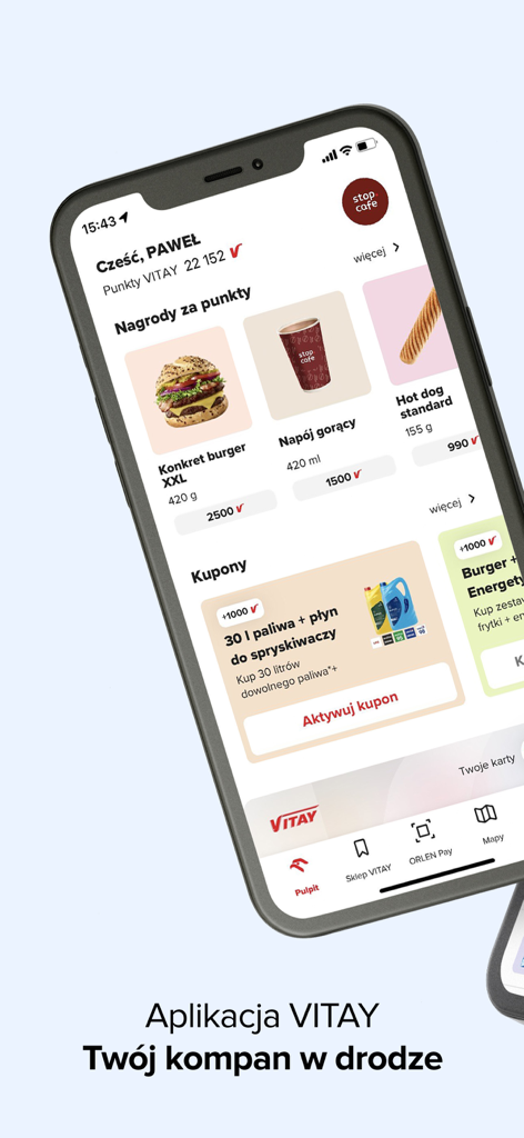 ORLEN VITAY - Aplicación móvil ORLEN VITAY que muestra el saldo de puntos del usuario y artículos de recompensa como cupones de descuento para comida y combustible