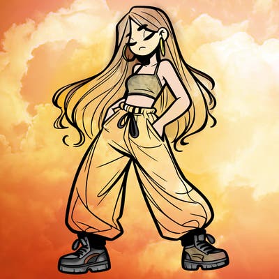 girl in baggy pants crop top and long hair