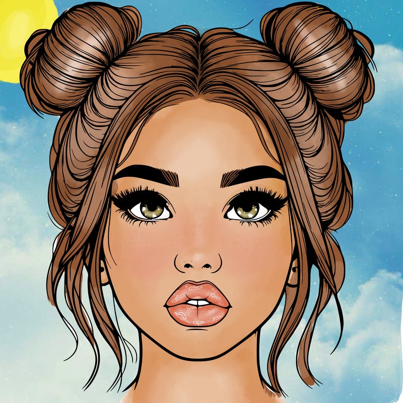 realistic girl with two buns on her hair and lips