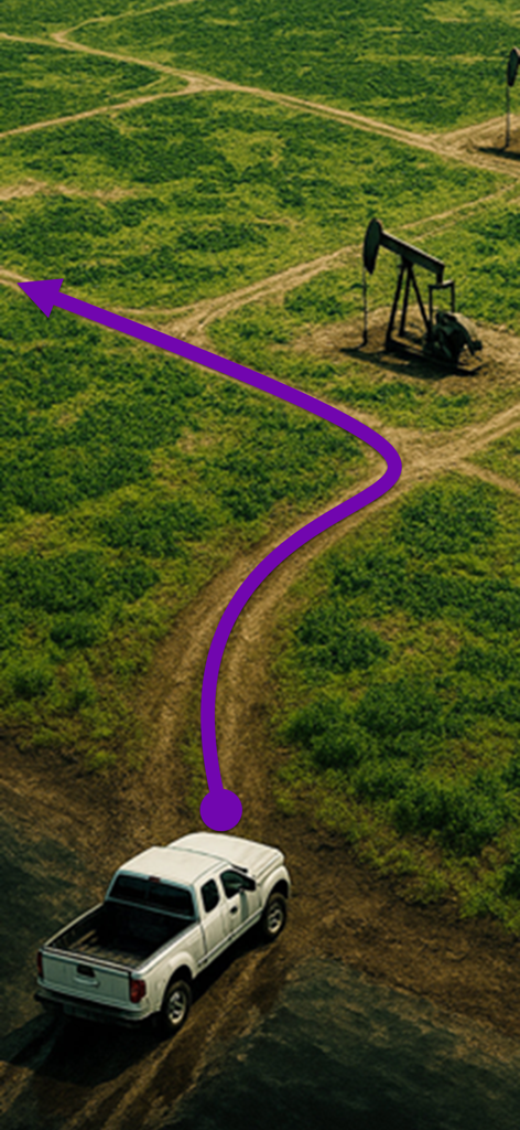 Well Finder - GeoActivity - White pickup truck following a purple navigation path to an oil well site