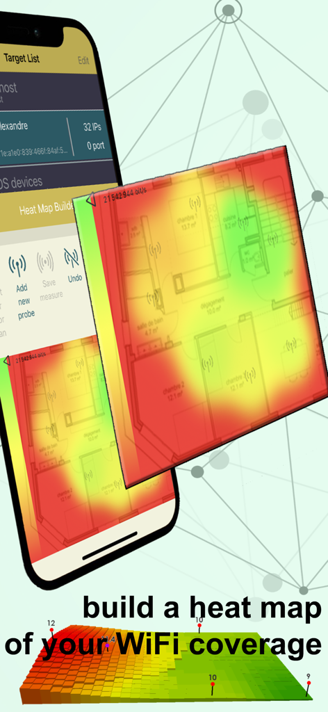WiFi Network Tools & Maps - A smartphone displaying a 3D WiFi signal strength heatmap over a house floor plan