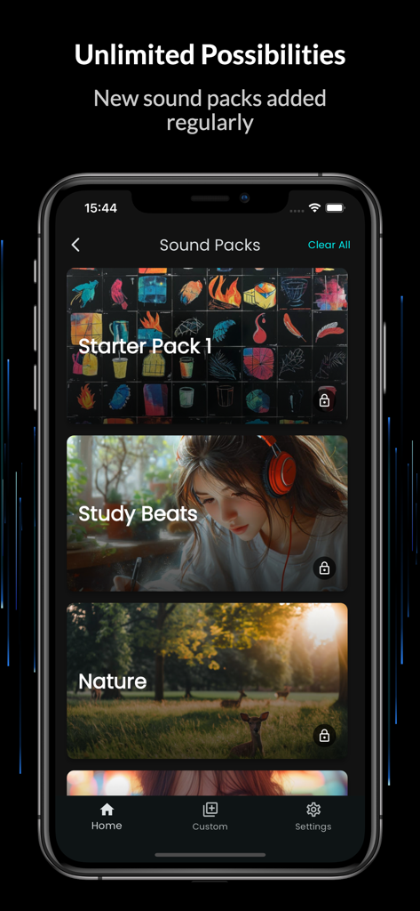 Pantalla de smartphone que muestra varios paquetes de sonidos ASMR como Study Beats y Nature en la aplicación Tingles.