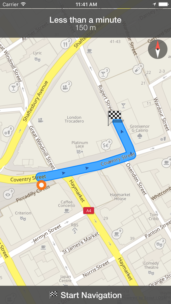 Panama City Offline Map and Travel Trip Guide - A detailed offline map interface showing a planned walking route with street names and point of interest icons.