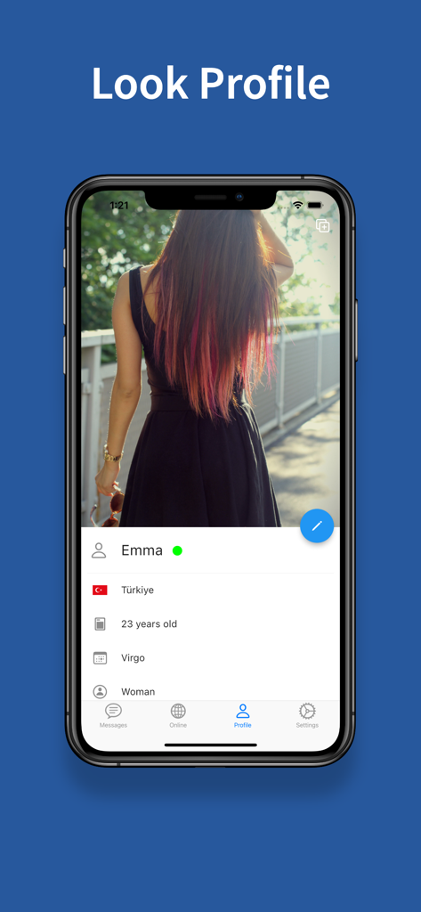 A user profile interface on the Elele app showing a woman named Emma with details such as age, location, and zodiac sign.