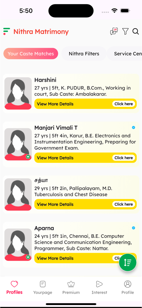 Nithra Matrimony for Tamil - Nithra Matrimony app interface displaying a list of Tamil bride profiles with age, occupation, and sub-caste details.